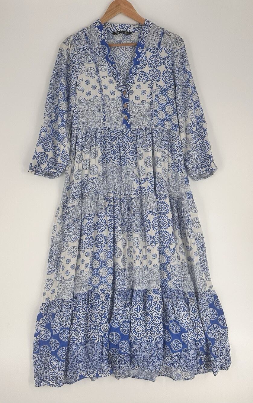 Blue White Paisley Boho Coastal Maxi Dress Zara Medium Coquette Euro Summer EUC